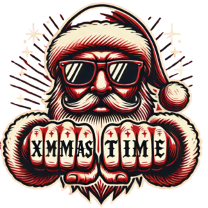 DALL·E 2024-09-28 04.05.08 - A bold, edgy Christmas design similar in style to the original image. Santa Claus is wearing sunglasses and showing his fists with 'XMAS TIME' tattooe_111303_pixian_ai