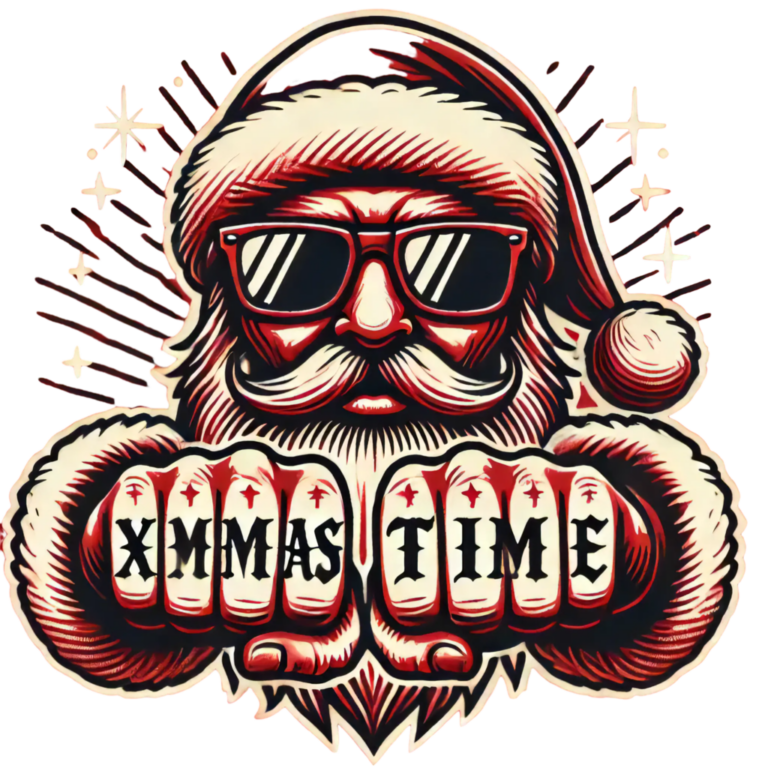 DALL·E 2024-09-28 04.05.08 - A bold, edgy Christmas design similar in style to the original image. Santa Claus is wearing sunglasses and showing his fists with 'XMAS TIME' tattooe_111303_pixian_ai