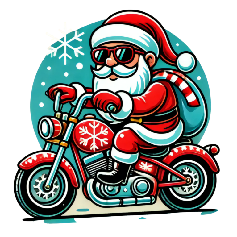 DALL·E 2024-09-28 14.01.36 - A playful and whimsical vector-style illustration of Santa Claus riding a motorcycle. The motorcycle should have festive Christmas elements such as re_100452_pixian_ai