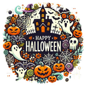 DALL·E 2024-09-28 22.47.35 - A Halloween-themed wreath design, changing the subject to a spooky haunted house at the center, surrounded by elements like ghosts, bats, spiders, and_101019_pixian_ai