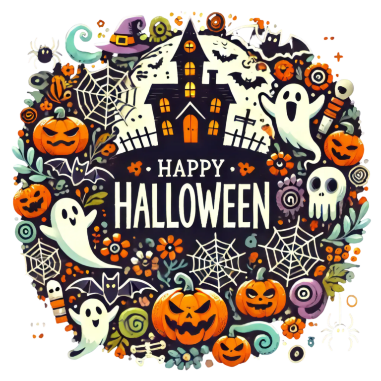 DALL·E 2024-09-28 22.47.35 - A Halloween-themed wreath design, changing the subject to a spooky haunted house at the center, surrounded by elements like ghosts, bats, spiders, and_101019_pixian_ai