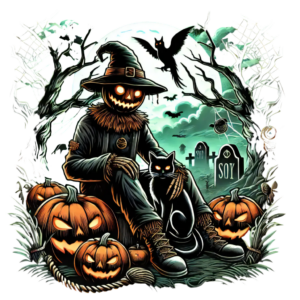 DALL·E 2024-09-28 22.50.07 - A Halloween design with a scarecrow, changing the concept to have the scarecrow sitting under a spooky tree, holding a black cat with glowing eyes. Su_112052_pixian_ai