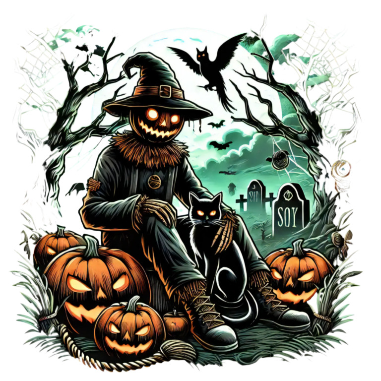 DALL·E 2024-09-28 22.50.07 - A Halloween design with a scarecrow, changing the concept to have the scarecrow sitting under a spooky tree, holding a black cat with glowing eyes. Su_112052_pixian_ai