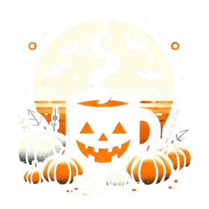 DALL·E 2024-09-28 23.39.51 - A Halloween-themed design featuring a steaming mug with a jack-o'-lantern face, surrounded by pumpkins and bats. The style should be minimalist and fl_100236_pixian_ai