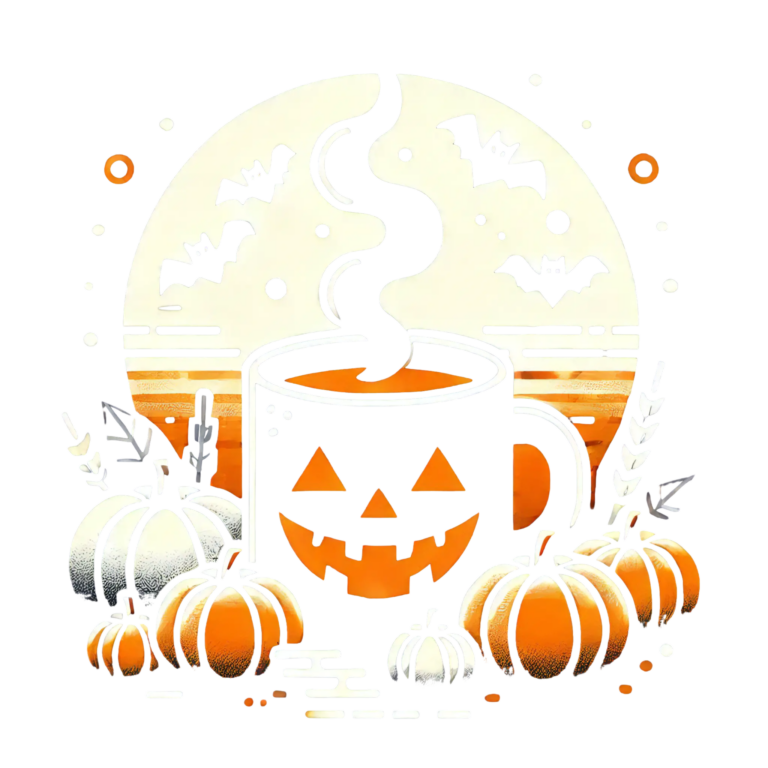 DALL·E 2024-09-28 23.39.51 - A Halloween-themed design featuring a steaming mug with a jack-o'-lantern face, surrounded by pumpkins and bats. The style should be minimalist and fl_100236_pixian_ai