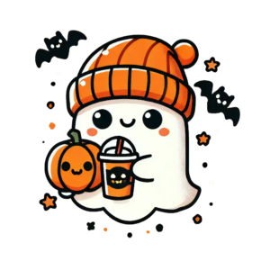 DALL·E 2024-09-28 23.52.25 - A cute Halloween design featuring a small ghost wearing an orange beanie, holding a pumpkin and a Halloween-themed drink. The ghost should have a chee_101954_pixian_ai