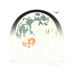 DALL·E 2024-09-29 08.02.41 - Create a design featuring a skeleton character holding a pumpkin, standing in front of a full moon with a dark forest background. Use a minimalist, ve_102142_pixian_ai