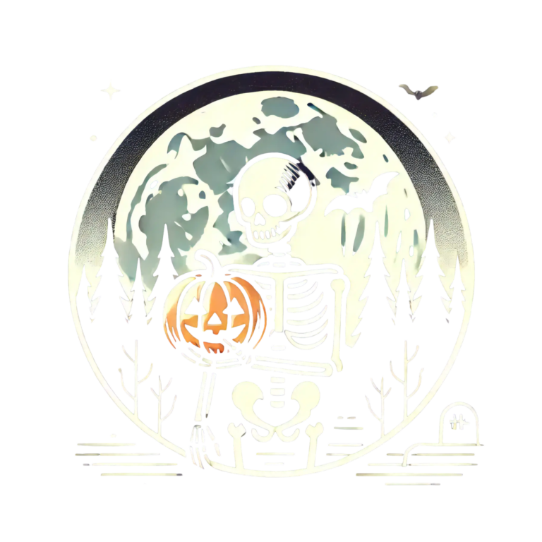 DALL·E 2024-09-29 08.02.41 - Create a design featuring a skeleton character holding a pumpkin, standing in front of a full moon with a dark forest background. Use a minimalist, ve_102142_pixian_ai