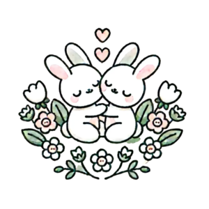 DALL·E 2024-09-29 14.30.17 - A vector-style illustration featuring two cute bunnies cuddling with simple flowers and hearts around them. The style should be minimalistic, using so_023404_pixian_ai