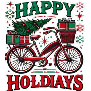 DALL·E 2024-09-29 19.02.35 - A festive design featuring a vintage red bicycle with a basket full of gifts and a Christmas tree strapped to the back. The text 'Happy Holidays' is w_103942_pixian_ai_032539