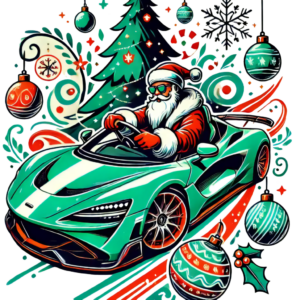 DALL·E 2024-10-01 03.43.08 - A Christmas-themed vector-style design featuring Santa Claus driving a green sports car with a Christmas tree in the background. The car should be sle_104108_pixian_ai