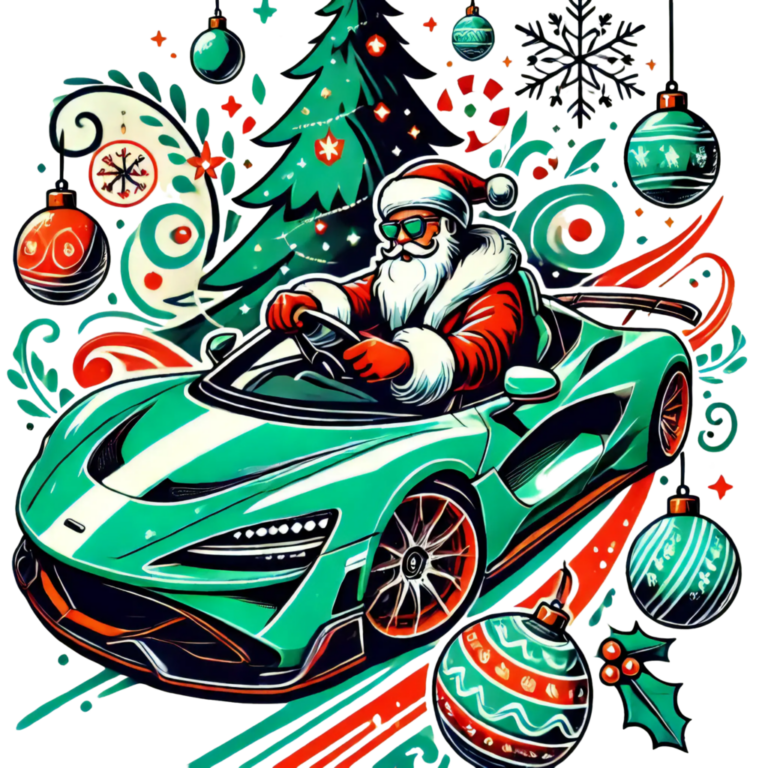 DALL·E 2024-10-01 03.43.08 - A Christmas-themed vector-style design featuring Santa Claus driving a green sports car with a Christmas tree in the background. The car should be sle_104108_pixian_ai