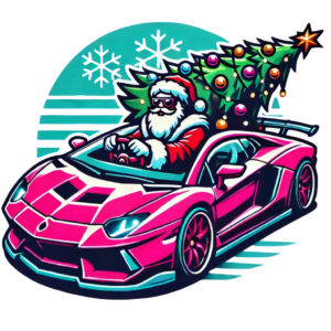 DALL·E 2024-10-01 03.53.12 - A Christmas-themed vector-style design featuring Santa Claus driving a sports car with a Christmas tree on top, similar to a pink sports car. Change t_103853_pixian_ai