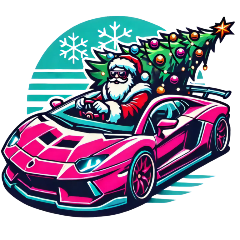 DALL·E 2024-10-01 03.53.12 - A Christmas-themed vector-style design featuring Santa Claus driving a sports car with a Christmas tree on top, similar to a pink sports car. Change t_103853_pixian_ai