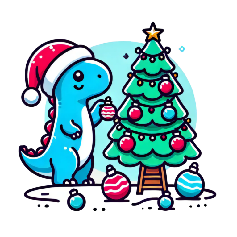 DALL·E 2024-10-01 03.56.38 - A colorful vector-style illustration featuring a cute dinosaur in a Santa hat decorating a Christmas tree. The dinosaur should be standing next to the_111630_pixian_ai