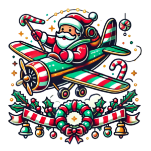 DALL·E 2024-10-01 03.59.45 - A Christmas-themed vector-style design featuring Santa Claus flying a festive airplane decorated with holiday elements like wreaths and candy cane str_093654_pixian_ai