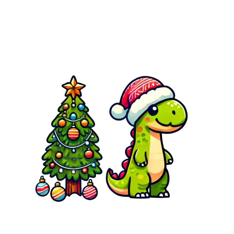 DALL·E 2024-10-01 04.06.32 - A Christmas-themed vector-style design featuring a cute dinosaur in a Santa hat standing beside a decorated Christmas tree. Change the style of the di_112240_pixian_ai