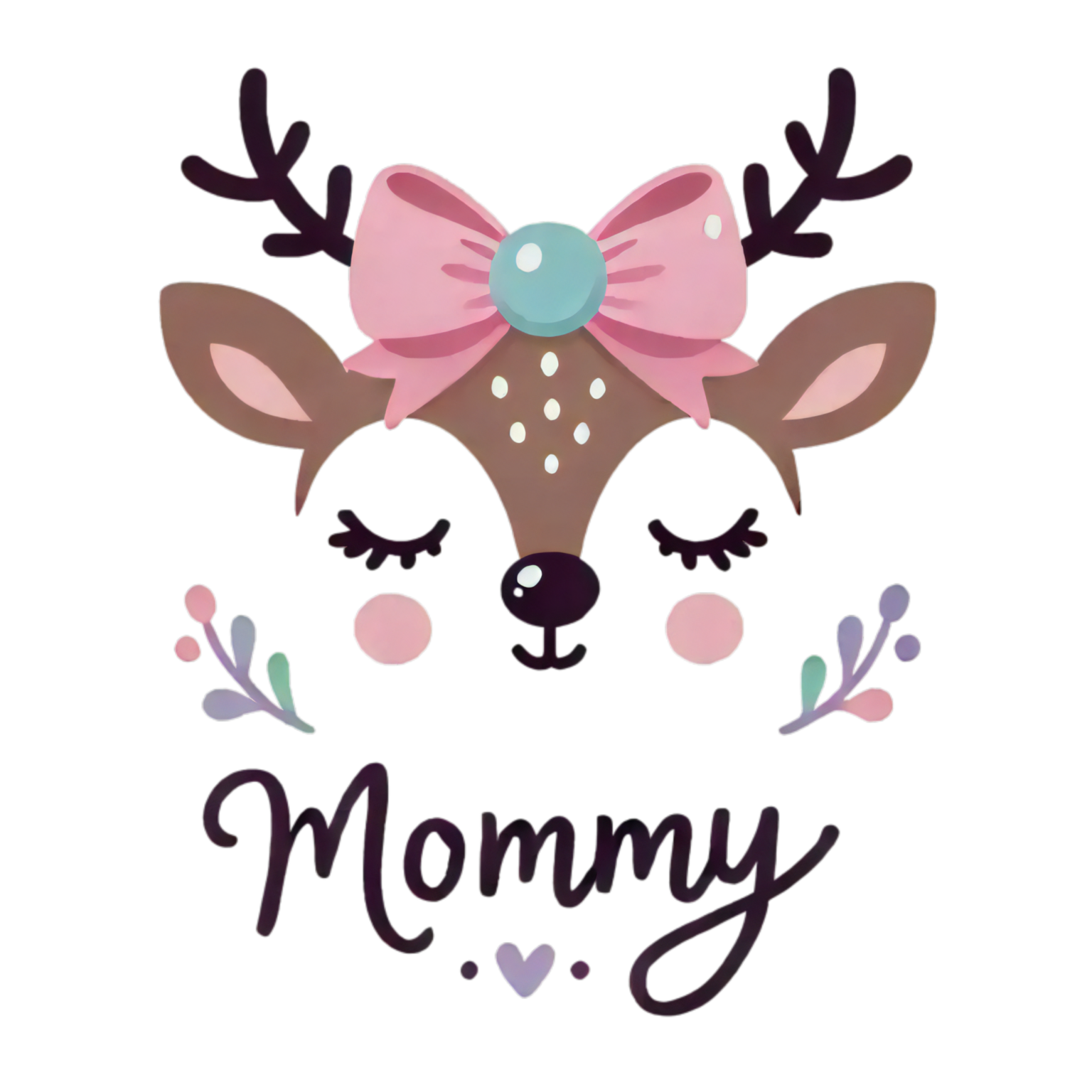 DALL·E 2024-10-01 04.28.19 - A cute vector-style design of a reindeer face with antlers, closed eyes, and a bow, featuring the word 'Mommy' in cursive below. Change the color sche_105318_pixian_ai_024435
