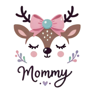 DALL·E 2024-10-01 04.28.19 - A cute vector-style design of a reindeer face with antlers, closed eyes, and a bow, featuring the word 'Mommy' in cursive below. Change the color sche_105318_pixian_ai_024435