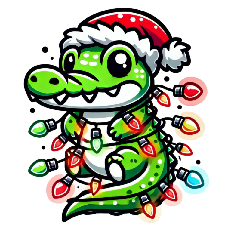 DALL·E 2024-10-02 17.44.24 - A cute alligator wrapped in Christmas lights wearing a Santa hat, in a stylized vector design. This version should have a more playful and cartoonish _101603_pixian_ai