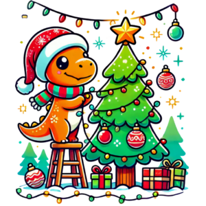 DALL·E 2024-10-06 10.37.31 - A vector-style illustration of a cute orange dinosaur wearing a Santa hat, decorating a Christmas tree. The tree is adorned with ornaments, lights, an_011843_pixian_ai